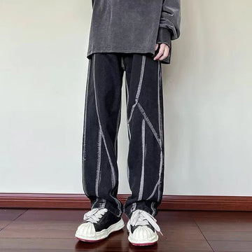 AIDASE  -  High Street Men's Jeans Striped Contrast Color Patchwork Design Loose Versatile Fashion Handsome Straight Leg Pants 21E6536 aidase-shop